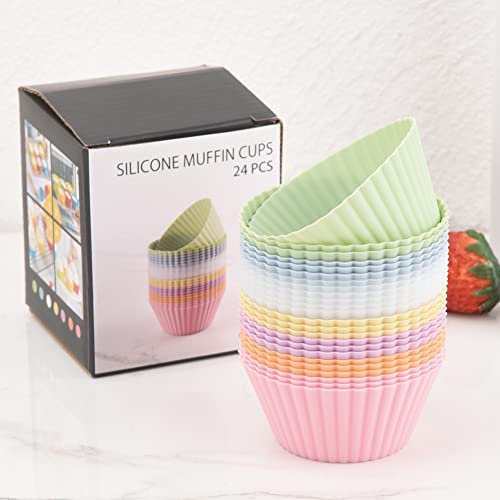 Guowall Reutilizables de silicona para hornear, moldes para magdalenas, moldes individuales para muffins, cupcake, Pack de 24 (7 colores)