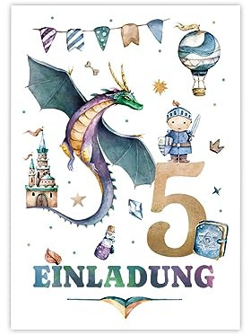 Minkocards 12 Einladungskarten zum 5. Kindergeburtstag Junge Ritter Drache Einladungen zum fünften Geburtstag Kinder bunte Geburtstagseinladungen