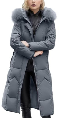 WILMOT 2023 Damen Schlicht Lang Daunenjacke Frauen Warme Jacke mit Kapuze Damen Herbst Winter Pufferjacke Daunenmantel Down Coat Steppjacke Übergangsjacke Mäntel(Grey,XXL)