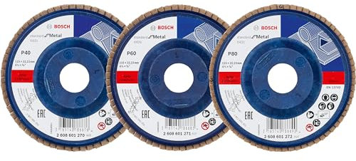 Bosch Set di 3 dischi abrasivi professionali X431 standard per metallo (per acciaio, ghisa, lamiera d'acciaio, dritta, Ø 115 mm, grana 40/60/80, accessori smerigliatrice angolare)