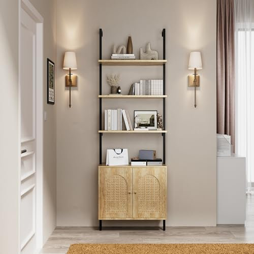 Warmiehomy Rattan Bookshelf with Cupboard, 4 Tiers Ladder Shelf with Metal Frame, 60L*30W*185Hcm Ladder Shelving Unit Book Shelves Free Standing for Living Room Bedroom Office, Natural