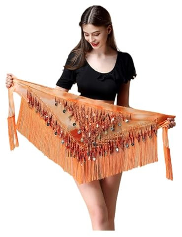 AYKANING Bauchtanz,Belly Dance Frauen Gürtel Bauchtanz Schal Hip Bauch Tanz Zubehör Pailletten Quaste Dreieck Wrap Kostüm Gürtelschal Chiffon Fransen Schal (Color : Orange, Size : One Size)