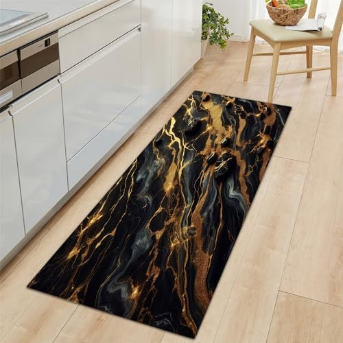 Tapis en Couloir Noir Antidérapant Long Tapis 60x150cm, Luxe Doré Noir Marbré Lavable Tapis Cuisine, Tapis en Lanières pour Chambre à Coucher Couloirs Salon Cuisine