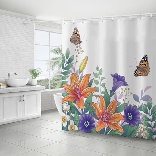 FAIRYGATE Anti Mould Shower Curtain Natural Shower Curtains 180x180cm Garden View Flowers Trees Waterproof Outdoor Nature Scenery Waterproof Cloth Fabric Bathroom Decor Set with Hooks B9723