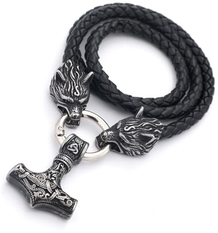 JHBTFQ Vintage grey,50cm, Wikinger Herren Leder Halskette, 50/60/70/80cm Geflochtene Lederkette mit Edelstahl Odin Wolf Mjölnir Anhänger Nordischer Amulett Schmuck