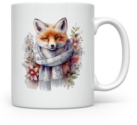 MAXIKIWI - Tazza da caffè o tè in ceramica liscia e resistente per casa o ufficio - perfetta per ogni occasione - Volpe invernale con sciarpa floreale - 300 ml