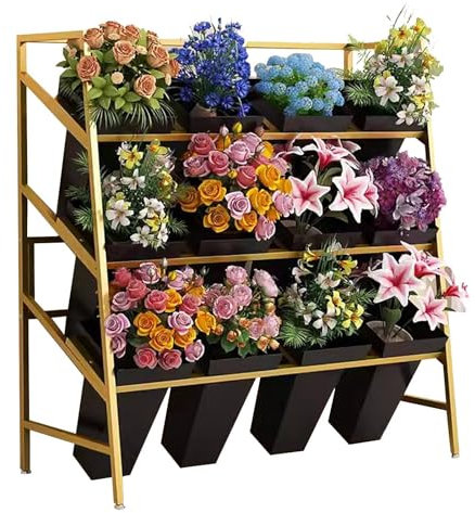 Pflanzenständer für drinnen und draußen, Terrasse, Garten, Wohnzimmer, mobiler Blumenständer mit Kunststoff-Eimern, verdicktes Eisen, Floristen-Blumenständer, 3 Schichten