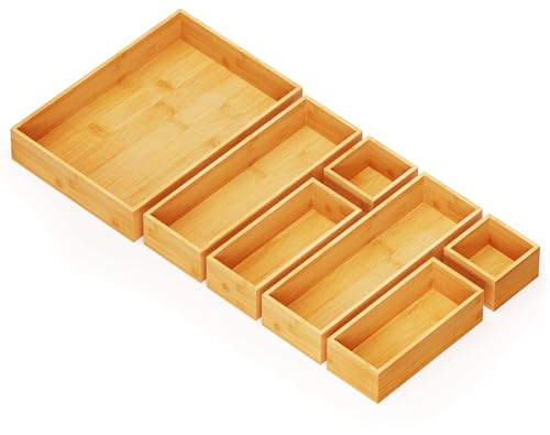 SpaceAid 7-Piece Bamboo Drawer Organizer Storage Boxes Set, Wood Tray Junk Drawer Organizers Multi-Use Divider Bins for Kitchen, Bathroom, Office Desk and Makeup Organization (7 Pack, Natural)