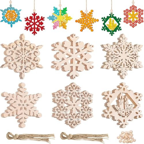 18 Stück Weihnachten Holzanhänger Schneeflocken Weihnachten Deko, Schneeflocke Christbaumschmuck Holz DIY Basteln für Weihnachten Deko Geschenkanhänger