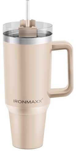 IronMaxx Cup mit Griff - Beige 1,2L | mit inkludiertem Strohhalm | Schlankes modernes Design aus rostfreiem Edelstahl | doppelwandige Isolierung | hält Warm und Kalt