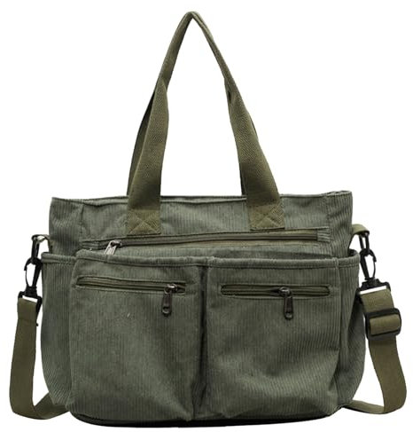 Stroyayo Cord Tasche Damen, Handtasche Mit Reißverschluss, Großes Fassungsvermögen für Büro, Einkaufen, Arbeit und Schule (Militärgrün)
