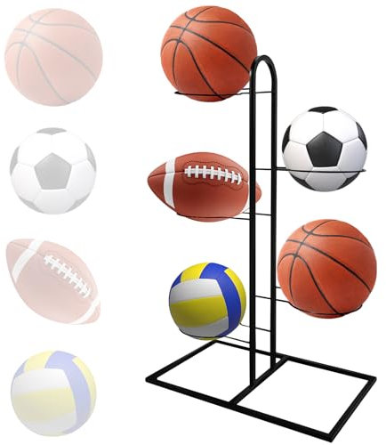 WIYETY 5-Stufiger Ballständer: Vertical Ballregal Fußball Ständer, Ball-Aufbewahrungsregal, Ball Aufbewahrungsregal Basketball Holder für Bälle, Basketball, Schwarz