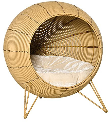 PawHut Rattan Katzenhöhle Katzenhaus mit Kissen und erhöhten Füßen PE-Rattan Hellbraun Ø52 x 58 cm