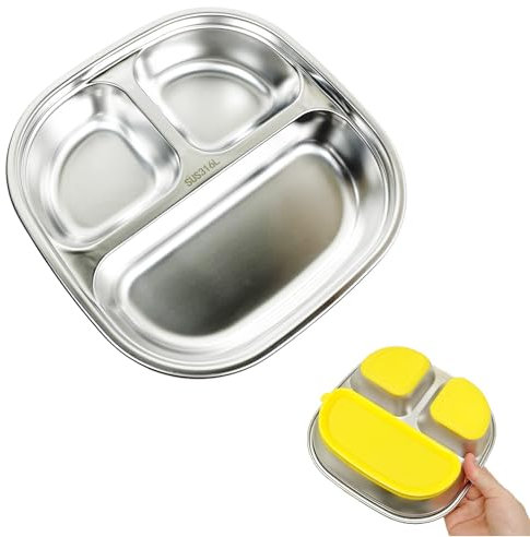 STFALI Piatto Con Ventosa Per Bambini, Piatto Svezzamento Ventosa, Piatto Acciaio Inox Bambini, Vassoio Antiscivolo Con Tre Scomparti E Coperchio Trasparente, Un Buon Aiuto Durante La Cena Del Bambino