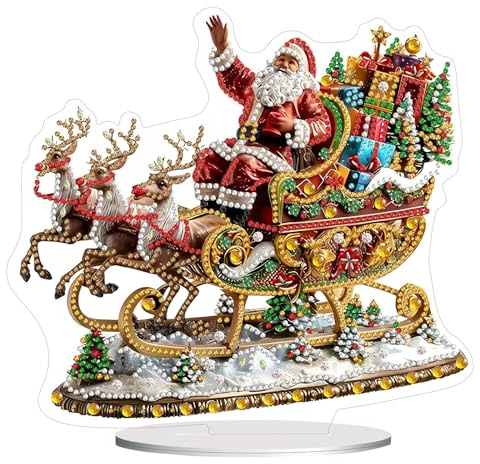 Lebartm DIY Diamond Desktop Ornaments Christmas Atmosphere Special Shaped Crystal Diamond Art Painting Single Sided Diamond Tabletop Ornaments Design Home Decor-Santa Claus Sleigh