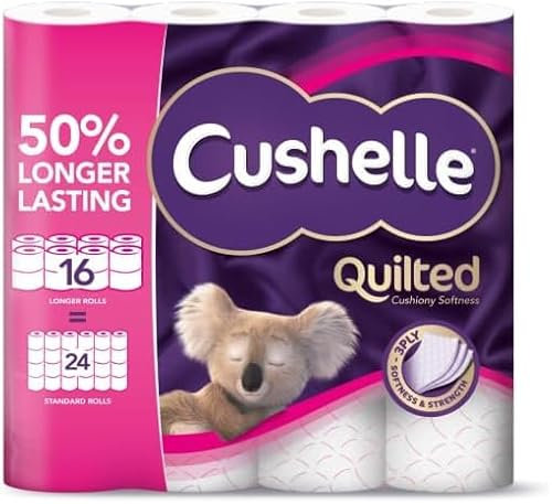 Cushelles Quilted Toilet Tissue, 50% Longer Lasting, 16 Double Rolls, 24 Standard Rolls