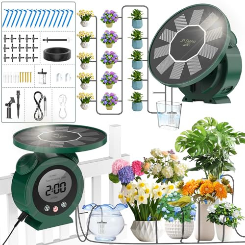 TRJZWA Sistema de Riego Solar,2025 Último Reloj Despertador Solar Kit Riego por Goteo DIY Sistema de Riego por Goteo con 15 goteros,para Jardín/Invernadero/Césped/Plantas de Maceta