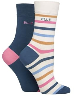 ELLE Women's Striped and Plain Soft, Cooling & Breathable Bamboo Socks in a Multipack of 2 Pairs Size 4-8 Casual Wear (UK, Numeric, 4, 8, Regular, Regular, Seafarer)