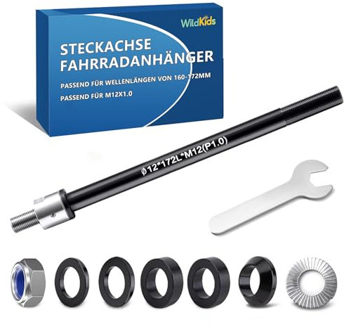 WildKids Steckachse für Fahrradanhänger M12 160-172 mm Steckachse, Einstellbare Schaftlänge, Steckachse kompatibel mit den meisten Fahrradanhängerkupplungen - Mit Anti-Rutsch-Muttern