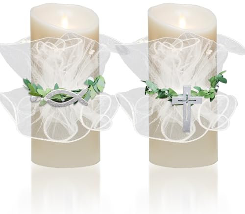 SPOKKI 2 Tropfschutz Kommunionkerze Tropfschutz Kerzenkranz mit Organza-Girlande Taufe Fisch Tropfenfänger Kommunionkerze Tropfenfänger für Kerzen für Kommunion Taufe Hochzeiten Stabkerzen Tropfschutz