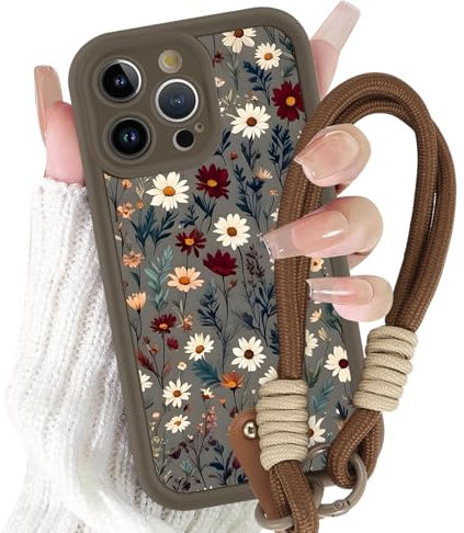 Yirlbey Funda con Cuerda Strap para iPhone 16 Pro 6,3, Silicona Carcasa con Colgante Cordon Correa Cuerdas con Aesthetic Flore Flower Dibujos, Antigolpes Caso Cover para iPhone16 Pro, Marrón
