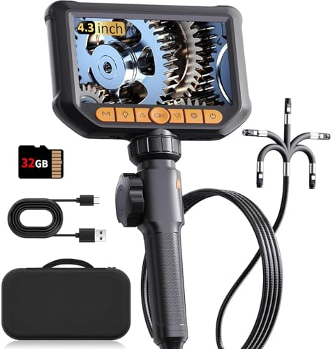 Dual Lens Endoskopkamera mit Licth, 360° HD Drehbar Inspektionskamera 4,3 Zoll IP67 Wasserdichtes Rohrkamera Kanal Endoskop Kamera mit 8+1 LEDs, 32G Karte und Tragetasche-1.5M