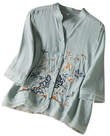 Linen Shirt Boho Blouse Linen Shirt Women Summer Embroidery Tunic Tops Retro Jacquard Short Sleeve Boho Blouse Casual Loose Fit Flowy Hem Tee Holiday Essentials for Women