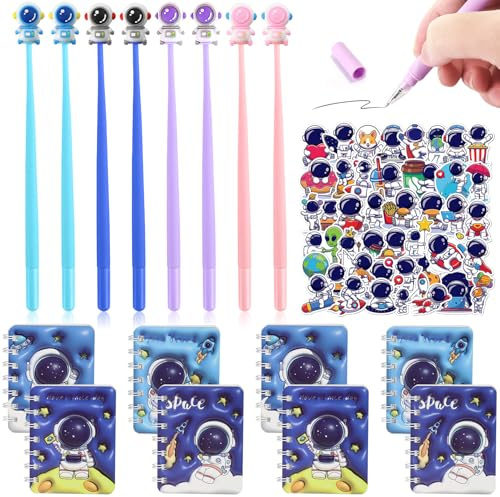 Graplan Weltraum Party Mitgebsel, Schreibwaren Geschenkset, 8Pcs Mini Notizbuch + 8Pcs Cartoon Gelschreiber + 50Pcs Aufkleber, Give Aways geburtstag