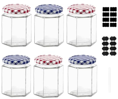 ZhouZGlass Hexagonal Glass Jam Jars Set of 6, 280ml / 9oz Airtight Storage Glass Jars with Screw Top Red and Blue Gingham Lids, Preserving Glass Jars as Pickle Jar, Jams, Honey, Candle Making