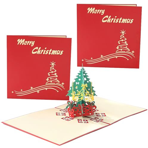 3D Karte Weihnachten, Weihnachtskarten Pop-Up mit Frohe Weihnachten, Geschenkkarte mit Umschlag Enthalten, Weihnachtsbaum Grußkarte, Schönen Papier-Cut, Als Gutschein Oder für Geldgeschenke, 2-er Pack