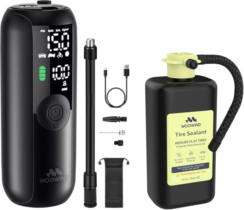 Woowind LP1 Kit Riparazione Pneumatici Emergenza - Compressore Aria Portatile 150PSI con Sigillante Forature Istantaneo 450ml, Gonfia e Ripara Gomme Auto, Moto, Bicicletta, SUV