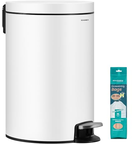 SONGMICS Cubo de Basura Redondo, Pedal de Metal, Acero Inoxidable, 20 L | Basurero con 15 Bolsas, Cubeta Interior Extraíble de Plástico, Asa, Cierre Amortiguado, Colección PLUSHIC, LTB021WZ01