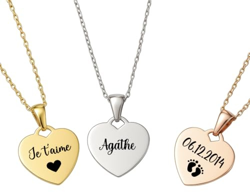 Collier Cœur Personnalisé Femme – Acier Inoxydable 316L, Gravure Prénom/Date/Message – 3 Coloris (Or, Argent, Or Rose) – Chaîne 35 cm + Extension 5 cm – Bijou Cadeau Amour, Naissance, Anniversaire