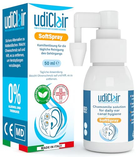 Ohrenspray gegen Ohrenschmalzpfropfen 50 ml - UdiClair SoftSpray - Entfernung von Ohrenschmalz und Ohrenreinigung für Erwachsene Kinder und Senioren - Isotonische Lösung mit Kamille Made in Italy