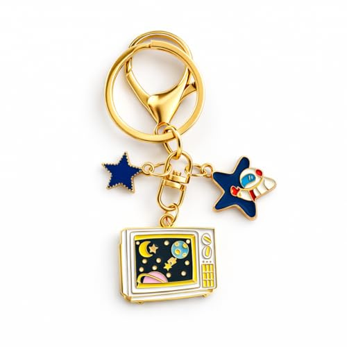 VEOWOO Star Keyring – Cosmic Keychain Bag Charms for Women with Retro TV, Astronaut Stars and Planet Scene, Cool Key Rings Gifts for Boys, His, Brothers and Space Lovers