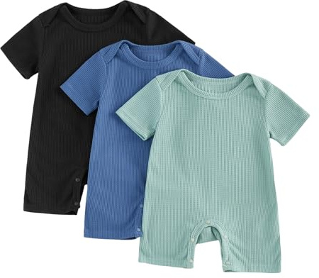BeliBacca 3 Pack Baby Boy Short Sleeve Jumpsuit Newborn Summer Clothes Solid Color Crew Neck Waffle Knit Romper Spring Summer Baby Boy Clothes