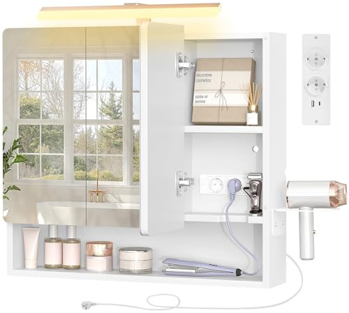 TEENFON Spiegelschrank Bad mit Beleuchtung LED, Badezimmer Spiegelschrank mit Steckdose und Haartrockner-Halter, 3-Fach Farbtemperatursteuerung, verstellbare Ablagen, 70x15x65cm