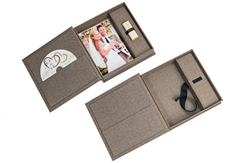 Elegant Foto-Box mit USB Slot. Geschenkbox für USB-Sticks und Fotoabzüge (ohne USB) Aufbewahrungsbox Hochzeitsbox, Erinnerungsbox, Fotogeschenk (Braun, 18x18cm)