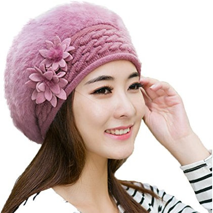 LUOEM Damen Baskenmütze gestrickte Beanie Plüsch Winter Warm Damen Kopfbedeckung mit Blumen (lila)