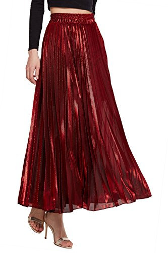 CHARTOU Damen Premium Metallic Shiny Shimmer Akkordeon Plissee Lang Maxi Rock - Rot - X-Klein