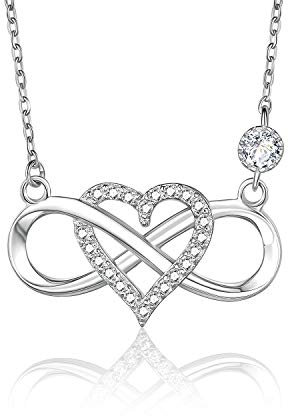 BlingGem Damen Ketten Unendlichkeit Herz Weißgold vergoldet 925 Sterling Silber mit Rundschliff Zirkonia Für Immer Zusammen Silberkette Geschenk für Frauen