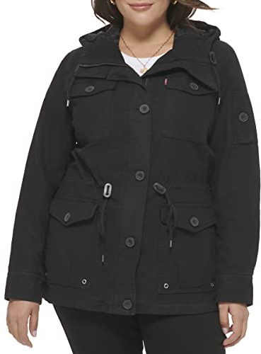 Levi's Women's Lightweight Cotton Military Jacket Coat, Black, 2X