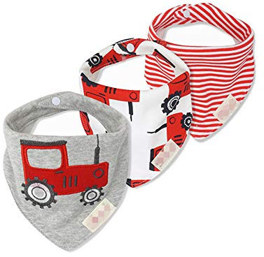 FANSU Baby Dreieckstuch Lätzchen, 3er Set Halstücher Multifunctional Saugfähig Weich Spucktuch Baumwolle Druckknopf Kleinkinder Unisex Designs (Roter Traktor)