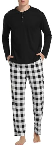 Vlazom Ensemble Pyjama Homme Hiver Col Rond - Haut à Manches Longues et Pantalon à Carreaux