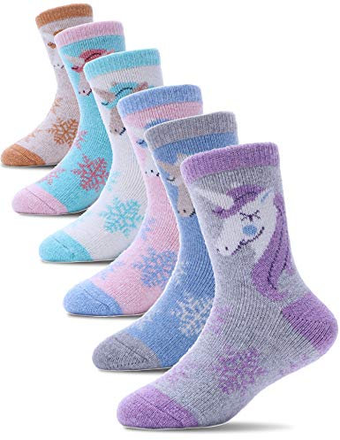 PROETRADE Merino Wool Socks for Kids Boys Toddlers Girls Thick Thermal Warm Winter Walking Heavy Cosy Crew Hiking Boot Gift Unicorn Socks 6 Pack(Unicorn,8-12 Y)