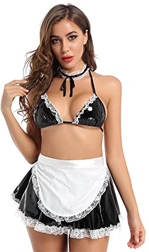 CHICTRY 6Pcs Damen Kostüm Wetlook Dienstmädchen Dessous Lack Leder Neckholder BH Top mit Mini Rock Schürze String Sexy Uniform Party Cosplay Schwarz M