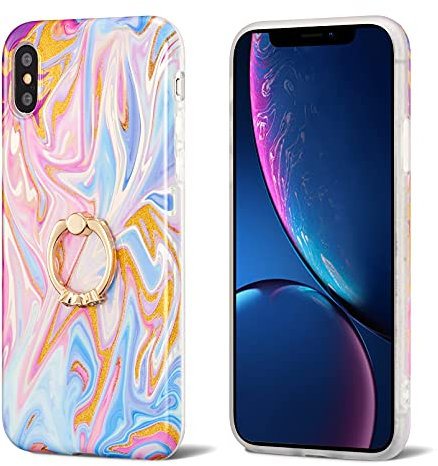 ZCDAYE Case for iPhone X iPhone XS Phone Case, Colorful Glitter Marble Pattern Soft TPU Thin Protective Case Cover with Ring Shockproof Case for iPhone X/iPhone XS-Pink&Blue
