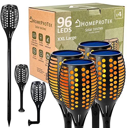 HOMEPROTEK Solar Fackeln für Draußen - 4er Set 96 LED Solarfackeln für Außen Flackernd XXL groß Solarlampen für Außen Garten, IP65 Wasserdichte Solarleuchten Garten - Ein stilvolles Gartenbeleuchtung