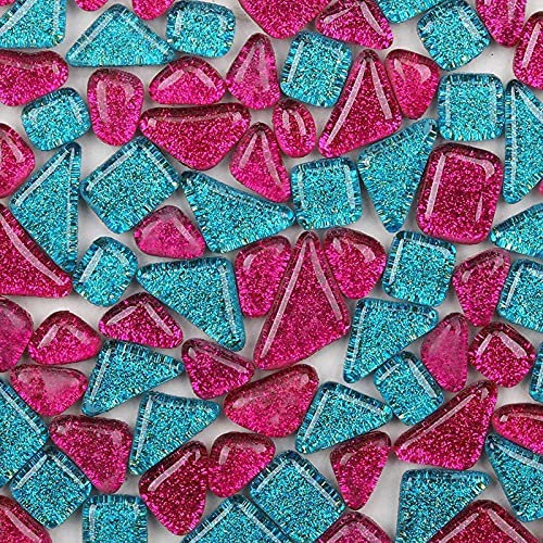 Bunte Glasmosaikfliesen 200g, Irregulär Glitzerkristall Mosaiksteine Glasstücke, Glasfliesen Glassteine für Basteln, Haus Deko(Himbeere)