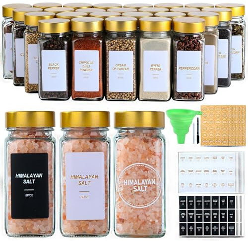 JARXSUN Glass Spice Jars with Label, 24Pcs Spice Jars with Shaker Lids-4 oz Gold Spice Seasoning Jars Bottles Containers Set for Spice Rack (24)
